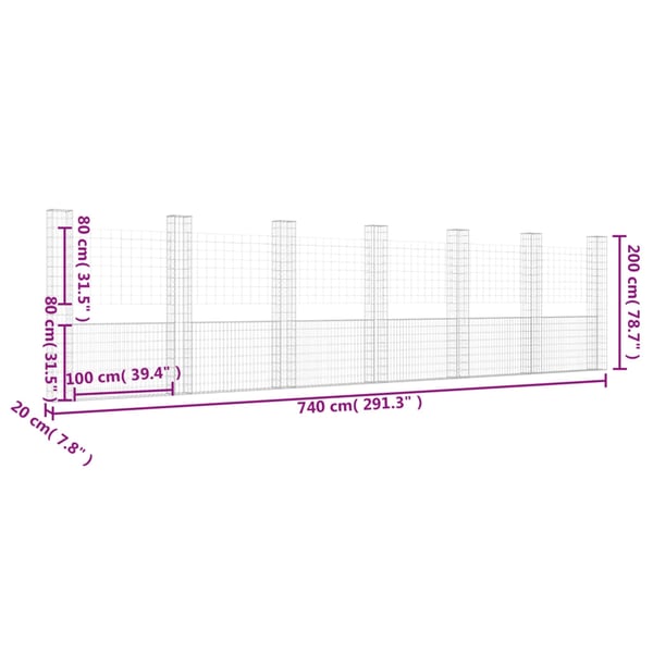 vidaXL Gabionkurv u-formet med 7 stolper jern 740x20x200 cm