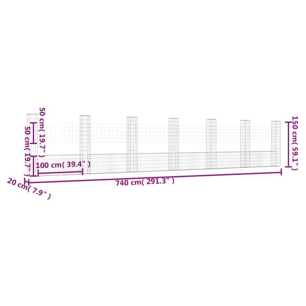 vidaXL Gabionkurv u-formet med 7 stolper jern 740x20x150 cm