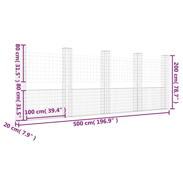 vidaXL Gabionkurv u-formet med 5 stolper jern 500x20x200 cm