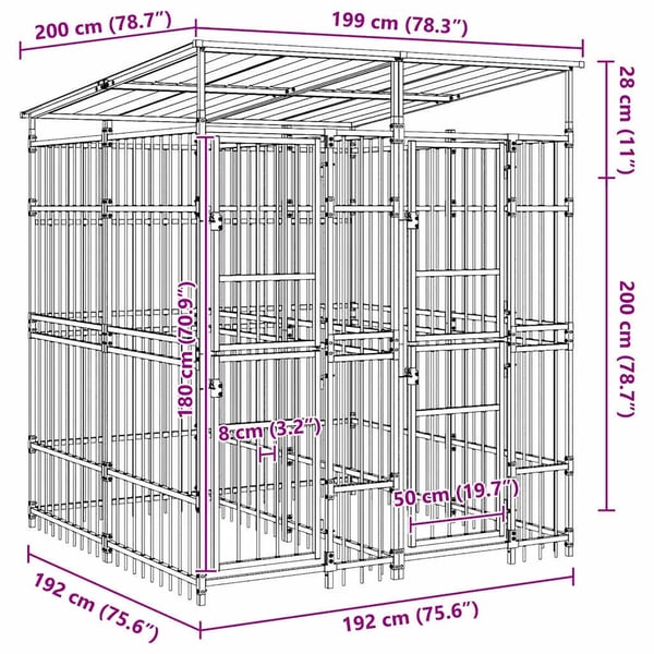 vidaXL Koiran ulkohäkki katolla teräs 3,69 m²
