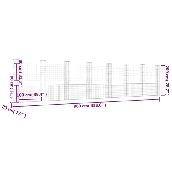 vidaXL Gabionkurv u-formet med 8 stolper jern 860x20x200 cm