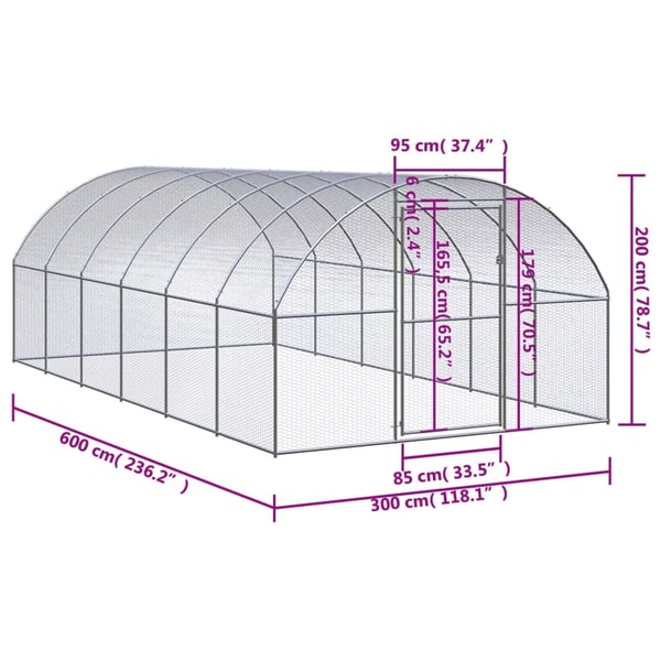 vidaXL hønsehus 3x6x2 m galvaniseret stål