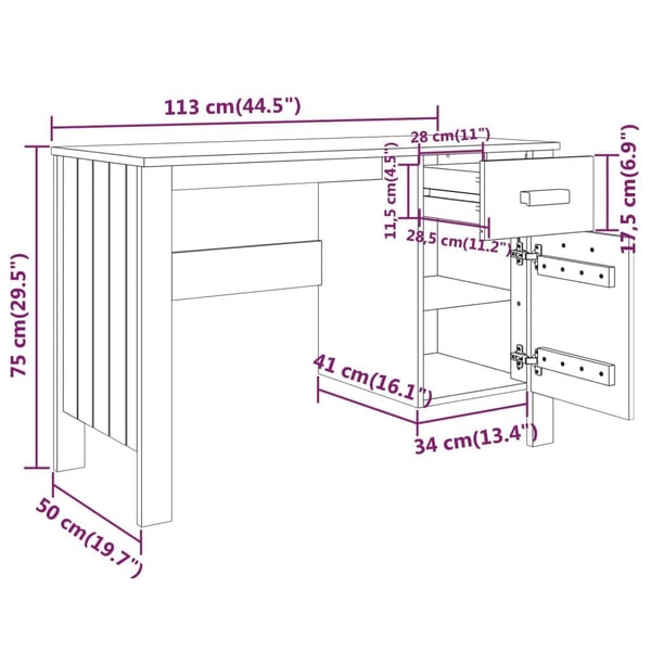 vidaXL Skrivebord HAMAR lysegrå 113x50x75 cm heltre furu