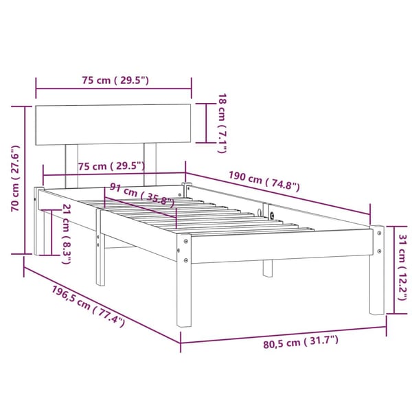 vidaXL Sengeramme hvit heltre 75x190 cm Small Single