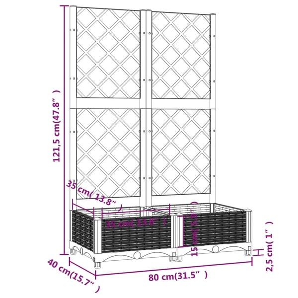 vidaXL Plantekasse med espalier brun 80x40x121,5 cm PP