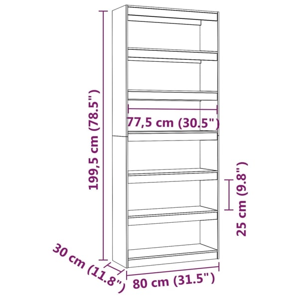 vidaXL Bokhylle/romdeler 80x30x199,5 cm heltre furu