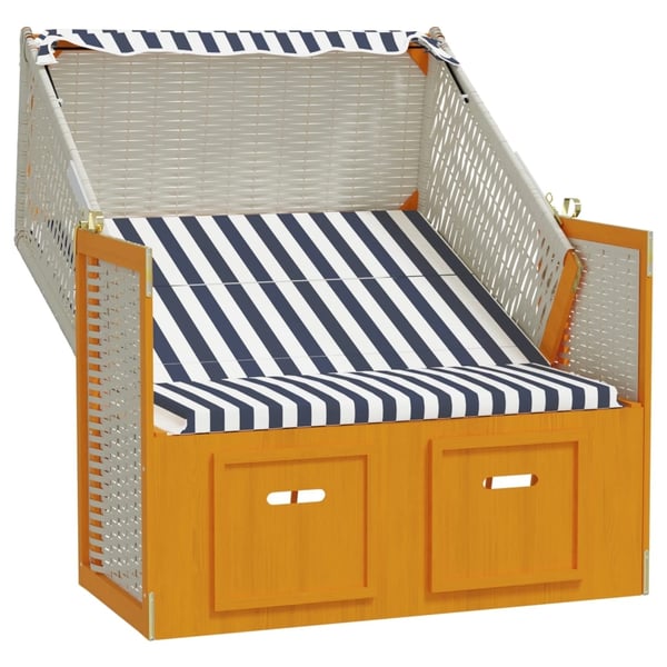 vidaXL strandkurv med baldakin polyrattan og massivt træ hvid og blå