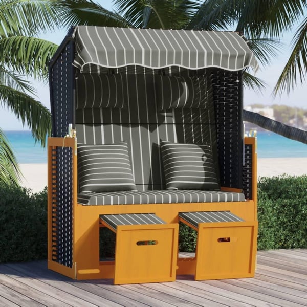 vidaXL strandkurv med hynder polyrattan og massivt træ sort og grå