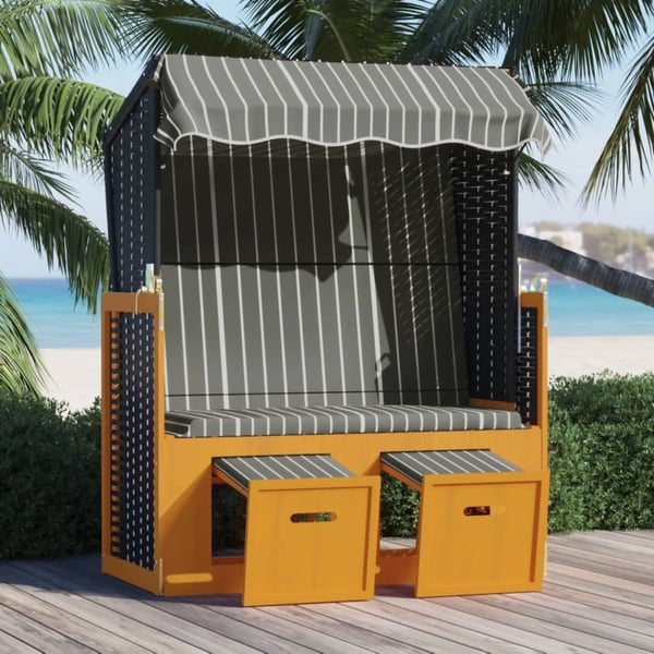 vidaXL strandkurv med baldakin polyrattan og massivt træ sort og grå