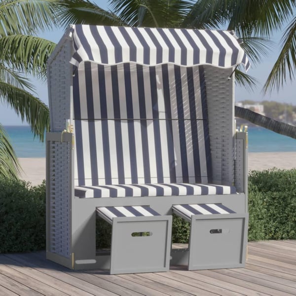 vidaXL strandkurv med baldakin polyrattan og massivt blå rød og hvid