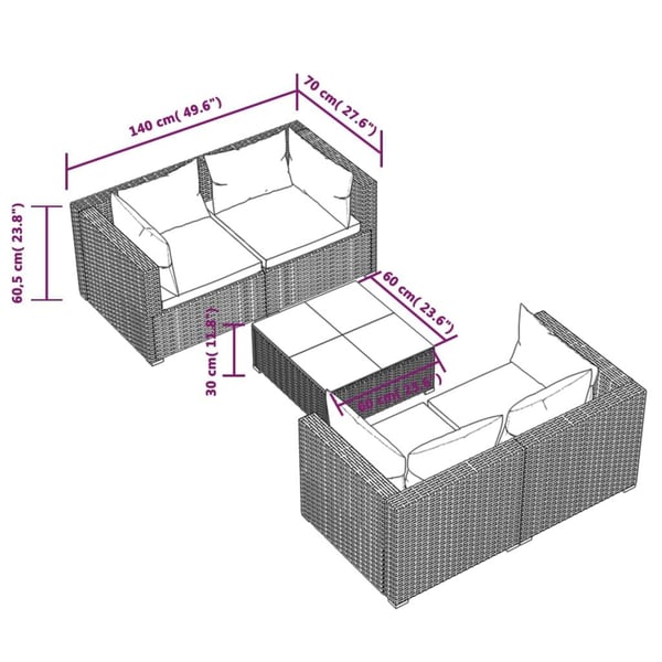 vidaXL loungesæt til haven 5 dele med hynder polyrattan sort