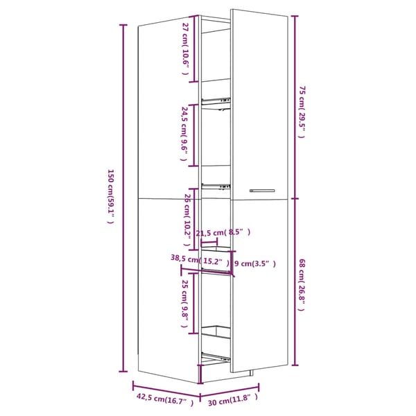 vidaXL Apotekskap røkt eik 30x42,5x150 cm konstruert tre