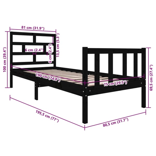 vidaXL Sengeramme svart heltre furu 75x190 cm Small Single