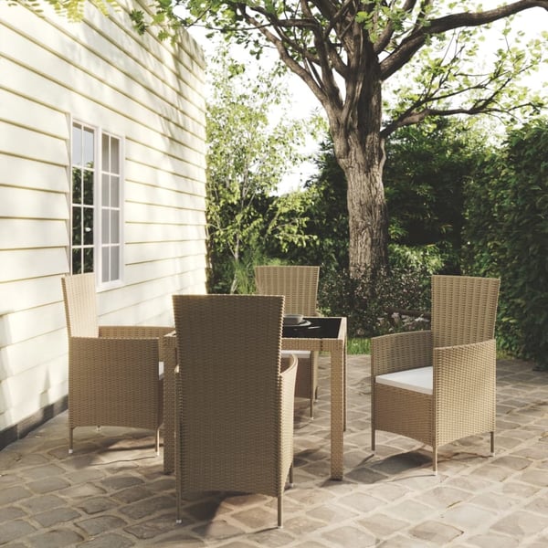 vidaXL udendørs spisebordssæt 5 dele med hynder polyrattan beige