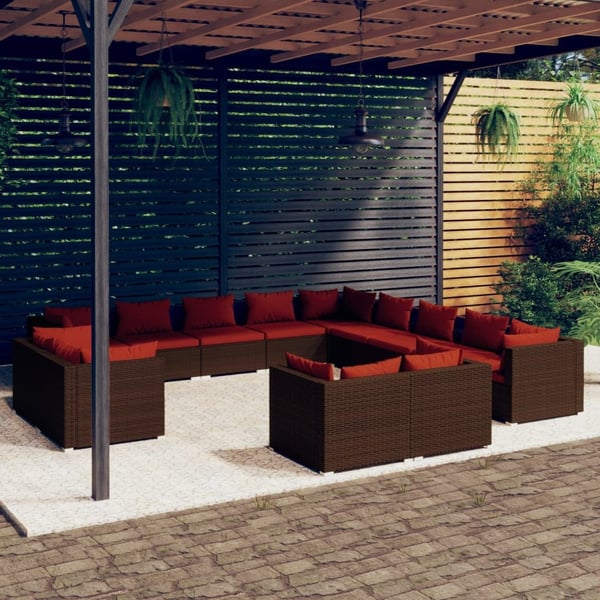 vidaXL loungesæt til haven 13 dele med hynder polyrattan brun