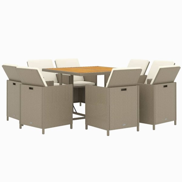 vidaXL spisebordssæt til haven 9 dele med hynder polyrattan beige