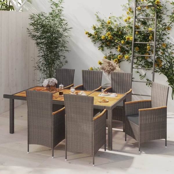 vidaXL udendørs spisebordssæt 7 dele med hynder polyrattan grå