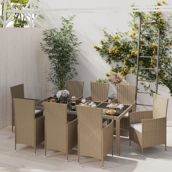 vidaXL udendørs spisebordssæt 9 dele med hynder polyrattan beige