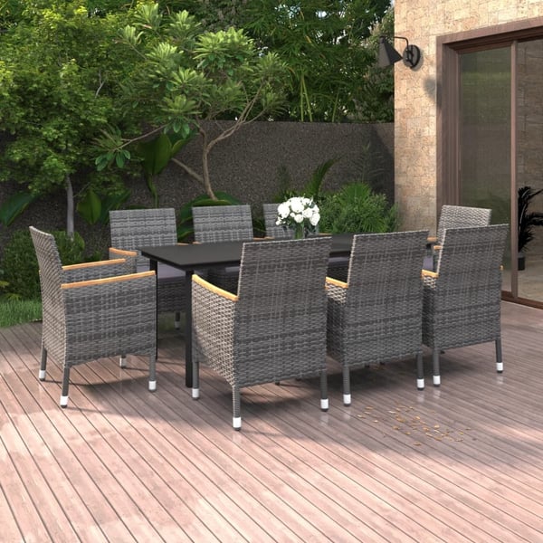 vidaXL spisebordssæt til haven 9 dele med hynder polyrattan og glas