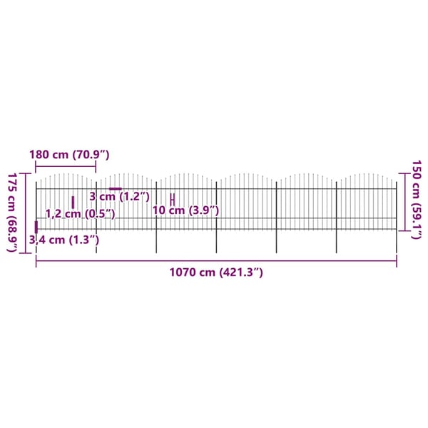 vidaXL Hagegjerde med spydtopp stål 1070x175 cm svart
