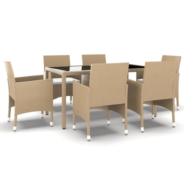 vidaXL spisebordssæt til haven 7 dele polyrattan og hærdet glas beige