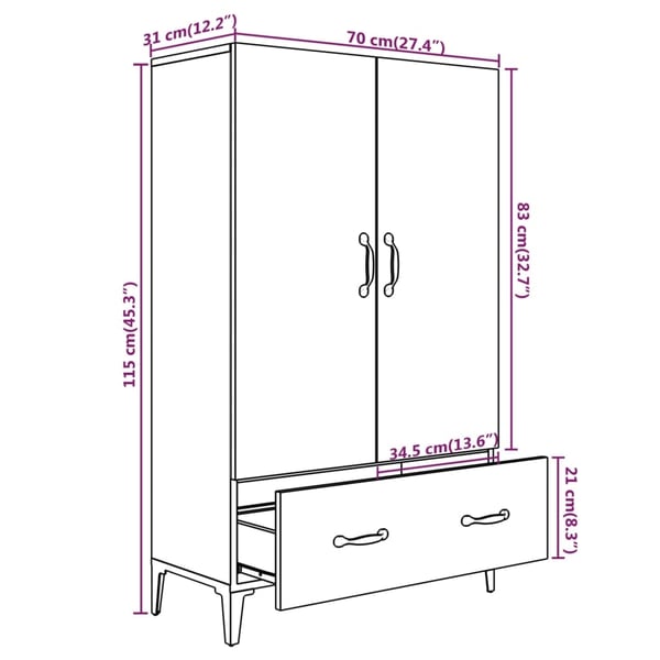 vidaXL Highboard hvit 70x31x115 cm konstruert tre