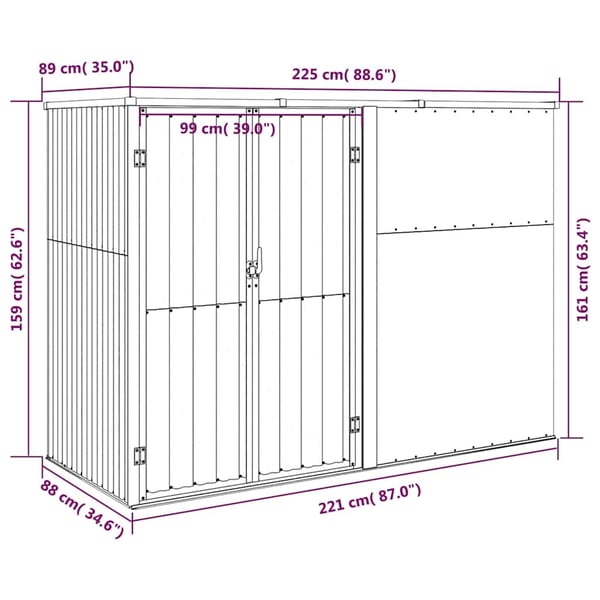 vidaXL redskabsskur til haven 225x89x161 cm galvaniseret stål brun