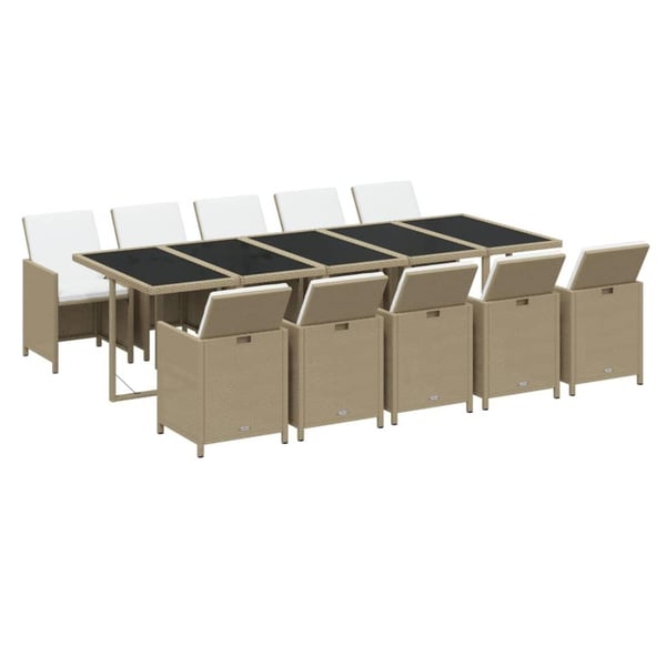 vidaXL spisebordssæt til haven 11 dele med hynder polyrattan beige