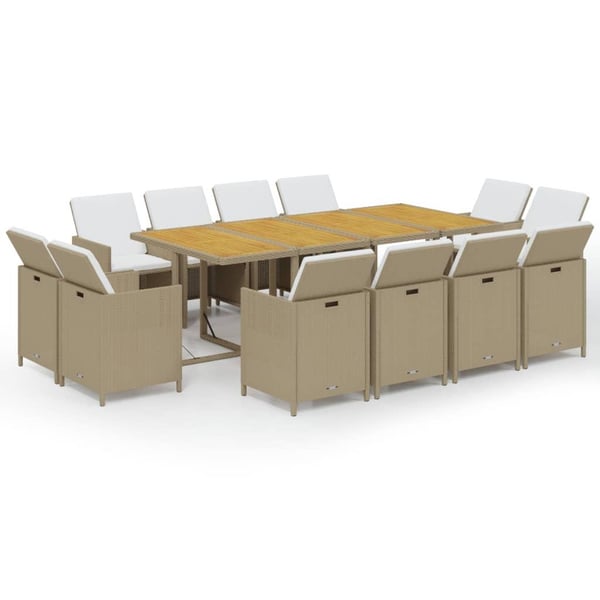 vidaXL spisebordssæt til haven 13 dele med hynder polyrattan beige