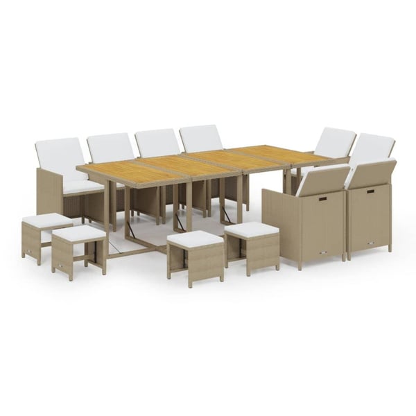 vidaXL spisebordssæt til haven 13 dele med hynder polyrattan beige