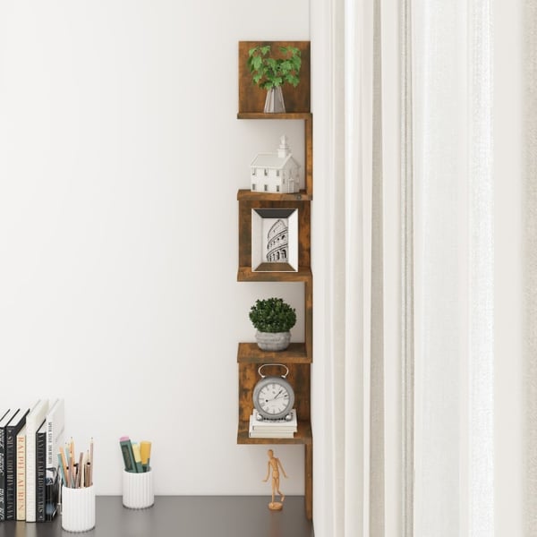 vidaXL væghængt hjørnehylde 20x20x127,5 cm konstrueret træ røget eg