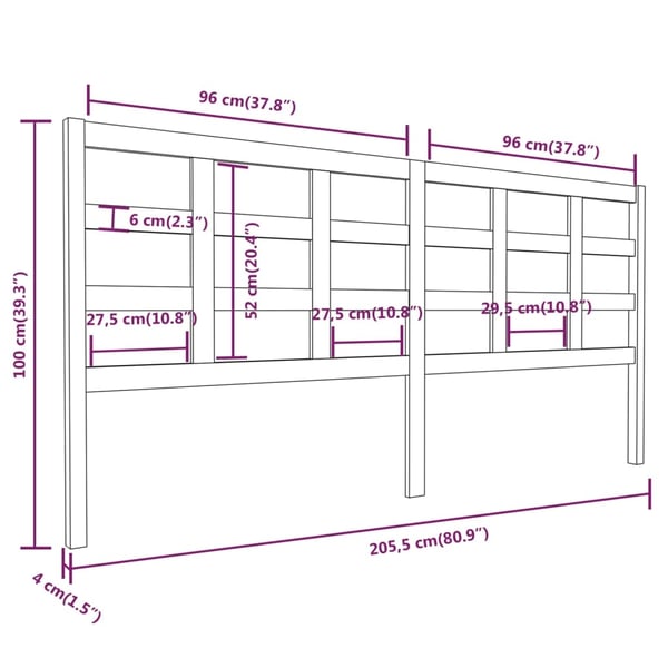 vidaXL Sengegavl svart 205,5x4x100 cm heltre furu