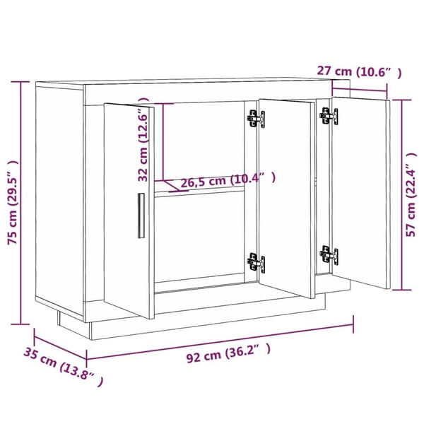 vidaXL Skjenk hvit 92x35x75 cm konstruert tre