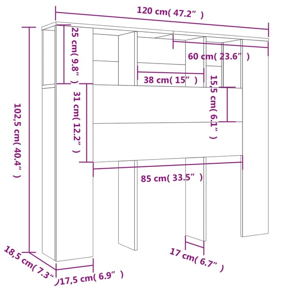 vidaXL Sengegavlskap røkt eik 120x18,5x102,5 cm