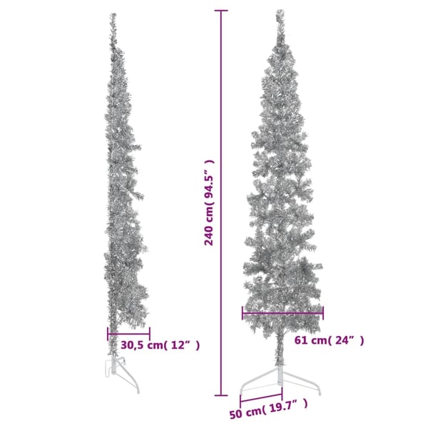 vidaXL Kapea puolikas tekojoulukuusi jalustalla hopea 240 cm