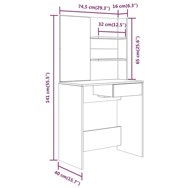 vidaXL Sminkebord med speil hvit MDF 74,5x40x141 cm