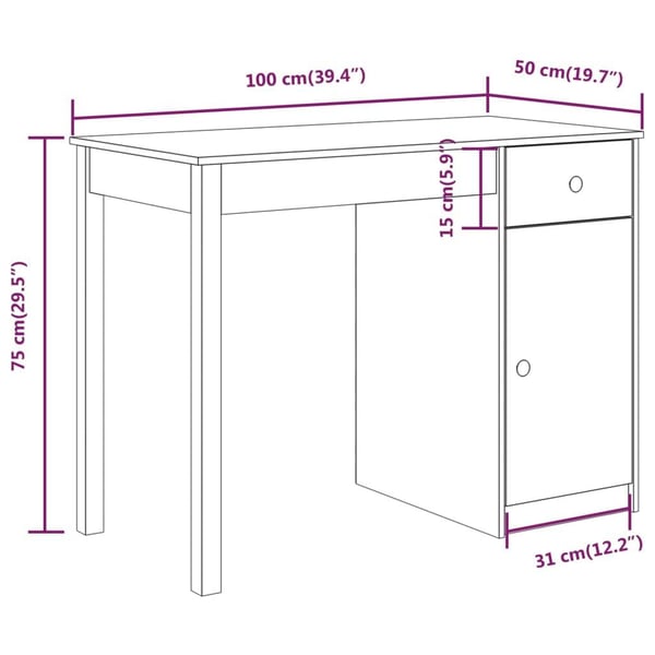 vidaXL Skrivebord hvit 100x50x75 cm heltre furu
