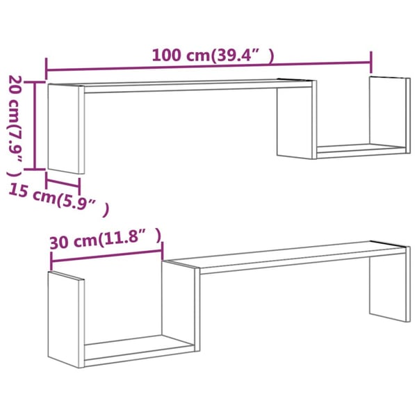 vidaXL Vegghyller 2 stk røkt eik 100x15x20 cm konstruert tre