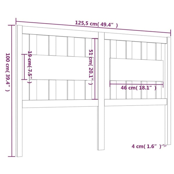 vidaXL Sengegavl hvit 125,5x4x100 cm heltre furu