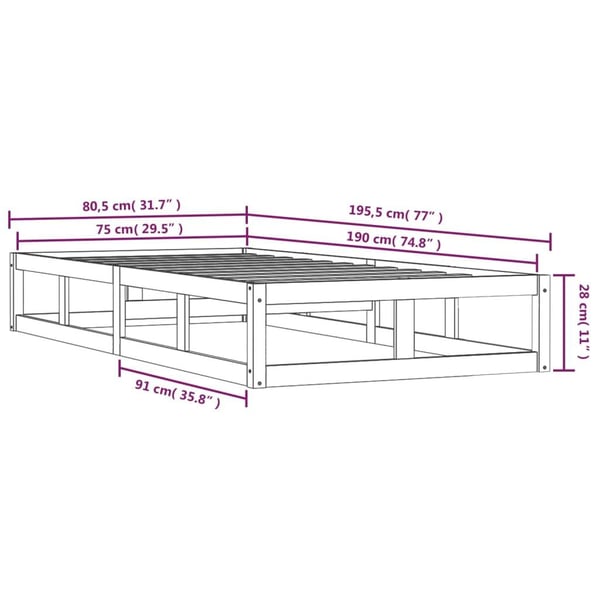 vidaXL Sengeramme svart 75x190 cm Small Single heltre