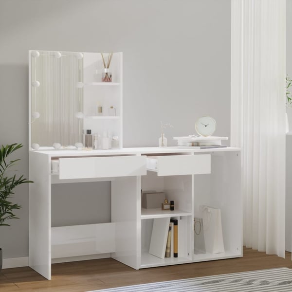 vidaXL LED-sminkebord med skap hvit konstruert tre