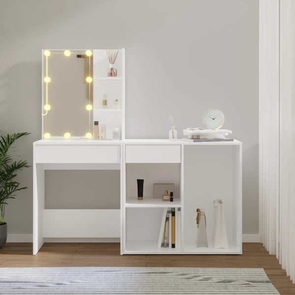 vidaXL LED-sminkebord med skap hvit konstruert tre