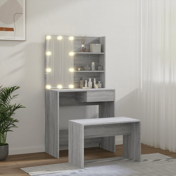 vidaXL makeupbordssæt med LED-lys konstrueret træ grå sonoma-eg