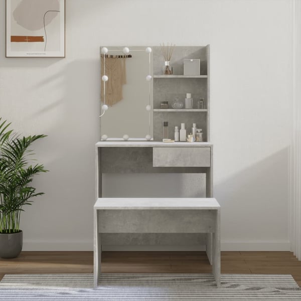 vidaXL makeupbordssæt med LED-lys konstrueret træ hvid højglans