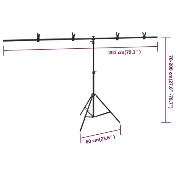 vidaXL T-formet baggrundsstativ 201x60x(70-200) cm sort