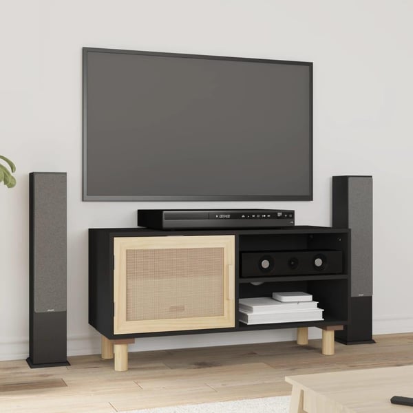 vidaXL tv-bord 80x30x40 cm massivt fyrretræ og naturlig rattan sort