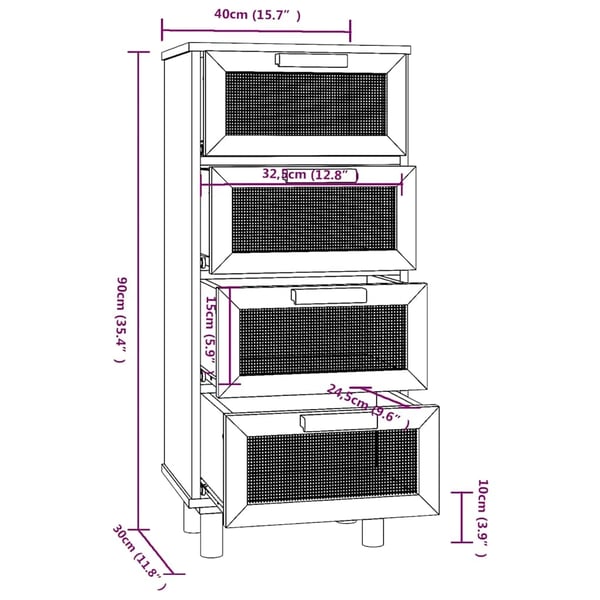 vidaXL skænk 40x30x90 cm massivt fyrretræ og naturlig rattan sort