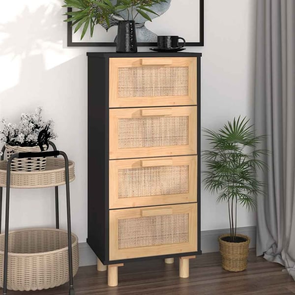 vidaXL skænk 40x30x90 cm massivt fyrretræ og naturlig rattan sort