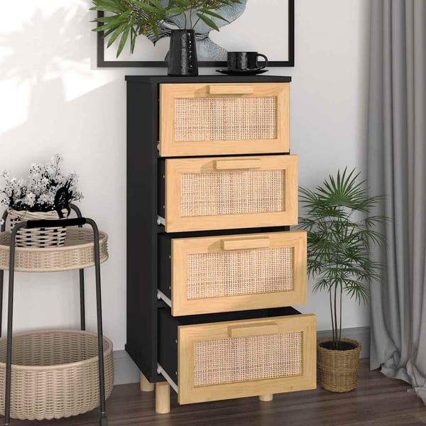 vidaXL skænk 40x30x90 cm massivt fyrretræ og naturlig rattan sort