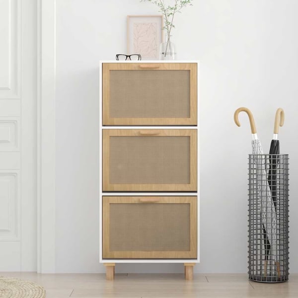 vidaXL skoskab 52x25x115 cm konstrueret træ og naturlig rattan hvid